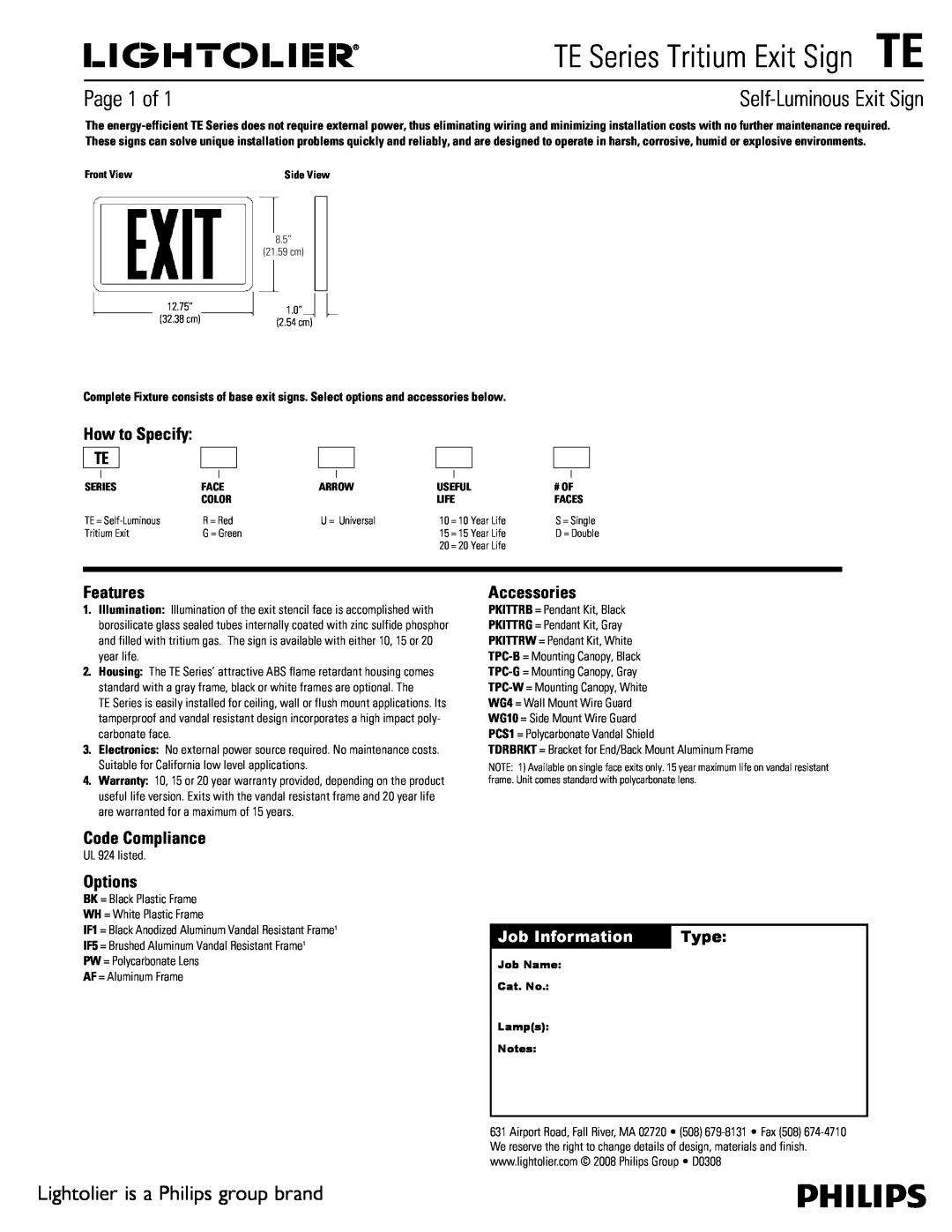 Lightolier TE Series warranty TE Series Tritium Exit SignTE, Self-LuminousExit Sign, Page 1 of, How to Specify TE, Options 